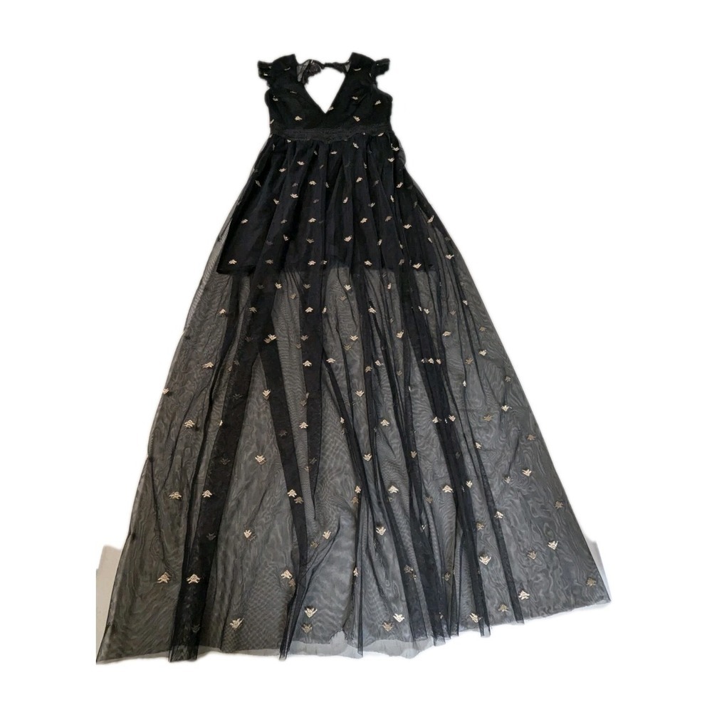 Romantic Black Embroidered Bee Mesh Maxi Dress | Ethereal Dark Cottagecore - Picture 7 of 16
